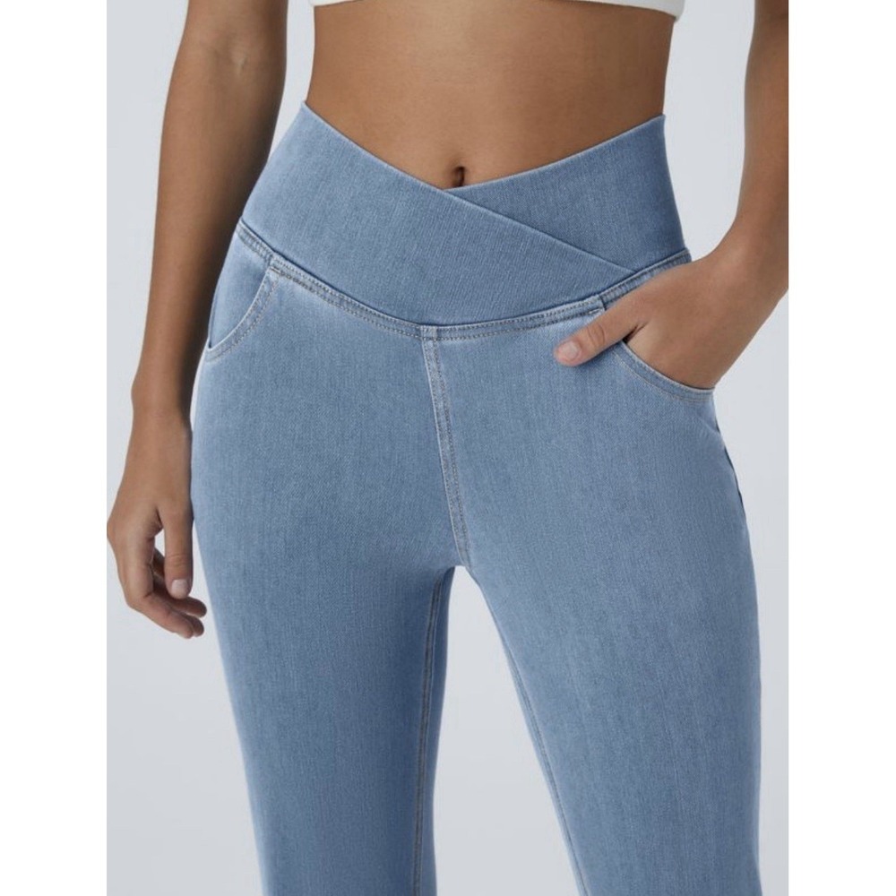 Halara Flex Crossover V-Waist Flare Jeans Light Wash High Rise Bell Bottom Large - Picture 4 of 10
